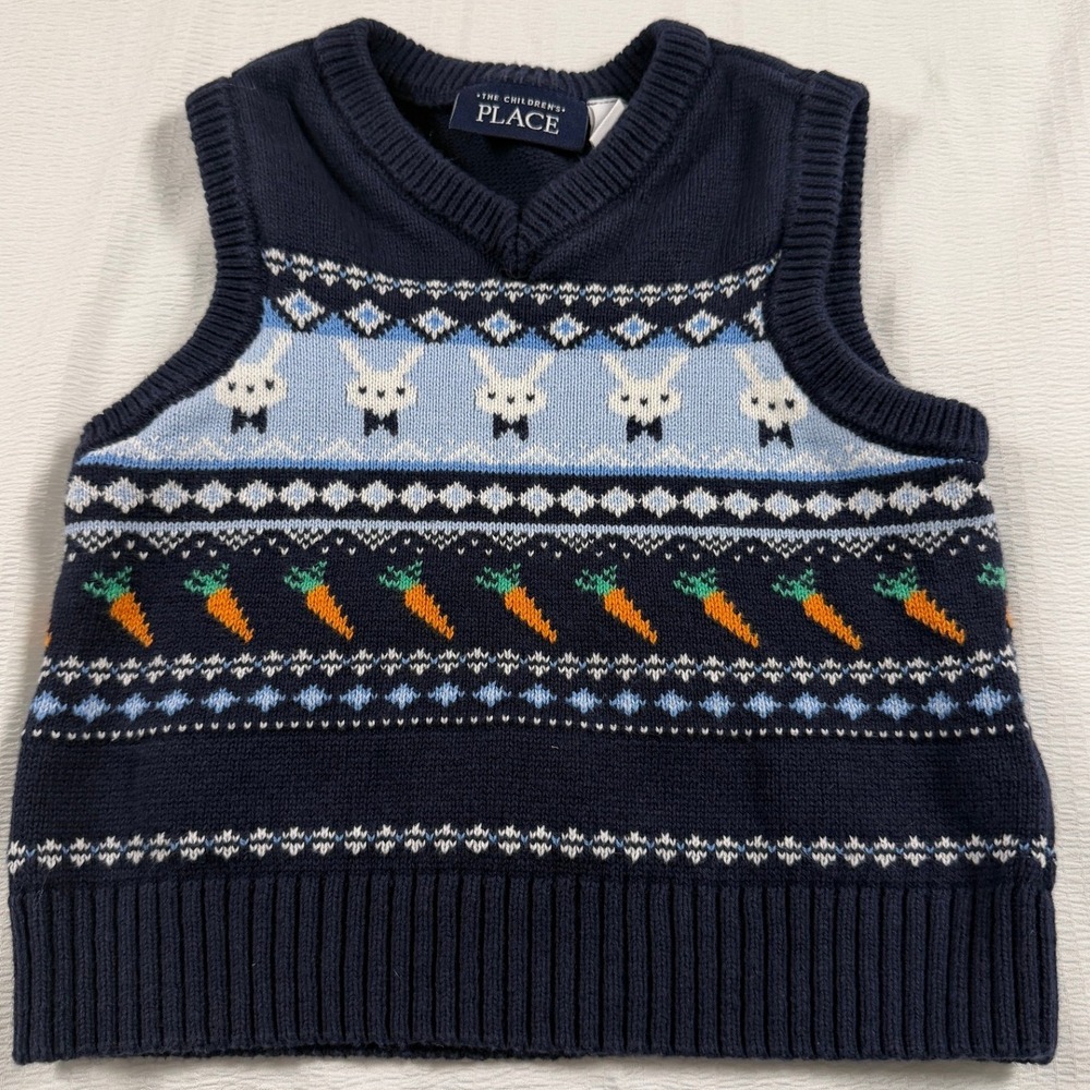 The Childrens Place Boys 2T Navy Blue Bunny Carrot Fair Isle Sweater Vest Easter